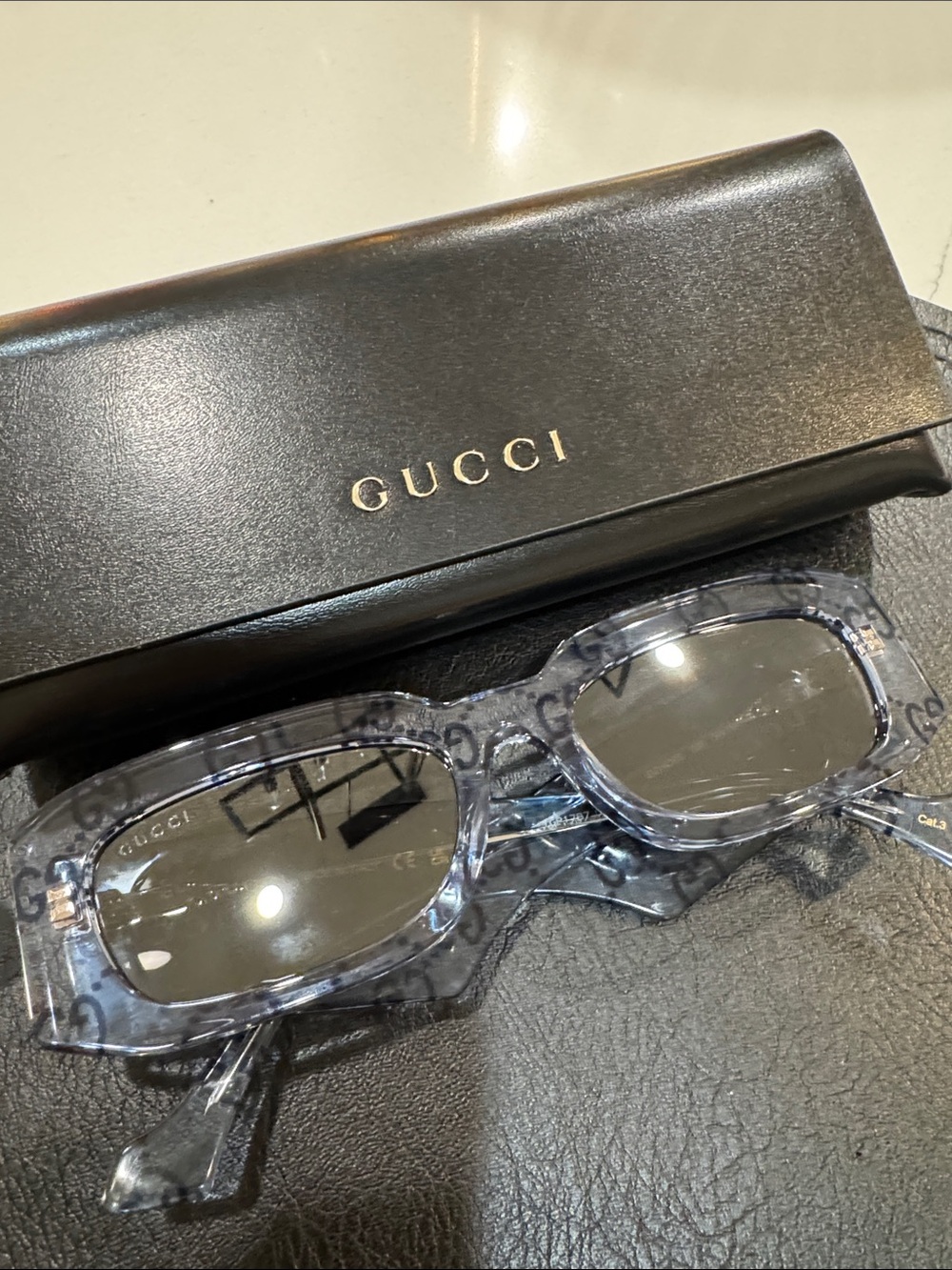 Gucci Men’s Translucent Gray Logo Rectangle Sunglasses